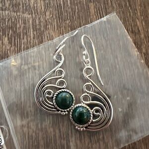 BRAND NEW Sterling Silver Malachite Drop Earrings 925 Detailed Thailand Boho